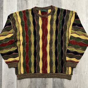 VTG TUNDRA Canada Coogi Style Knit Sweater Multi Color Rasta Textured Cotton XL